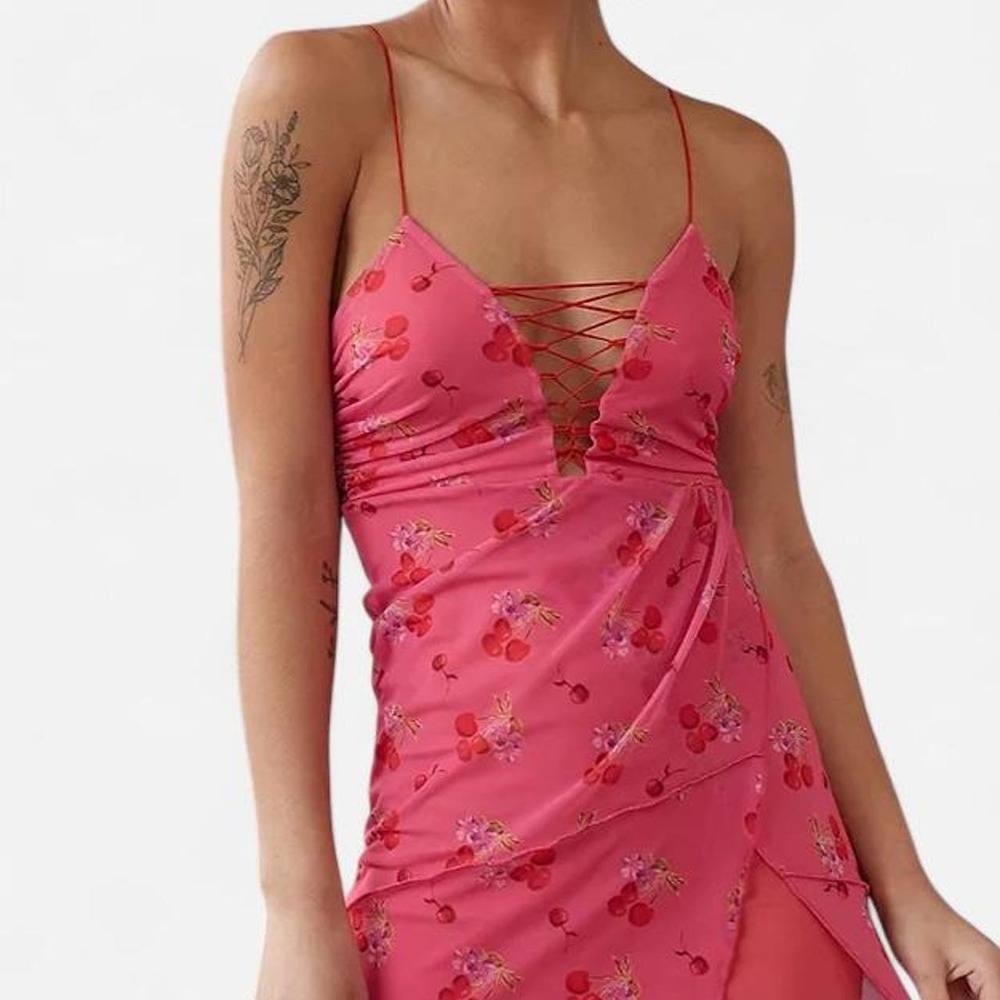 Urban Outfitters Y2K Cherry Mesh Lace-Up Mini Dress Pink